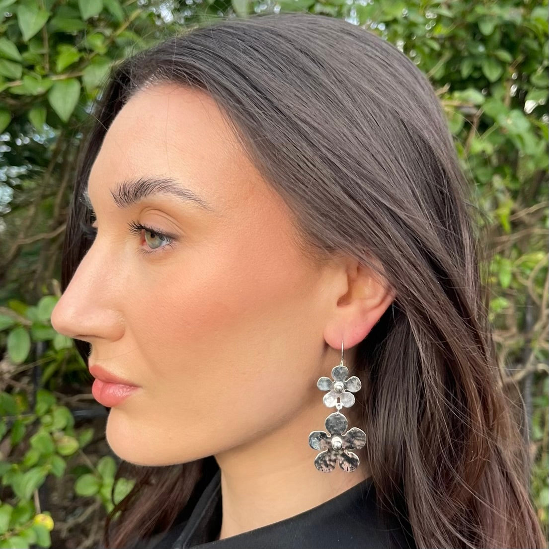 Silver Double Flower Drop Earrings