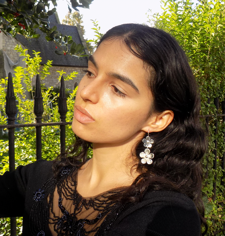 Silver Double Flower Drop Earrings