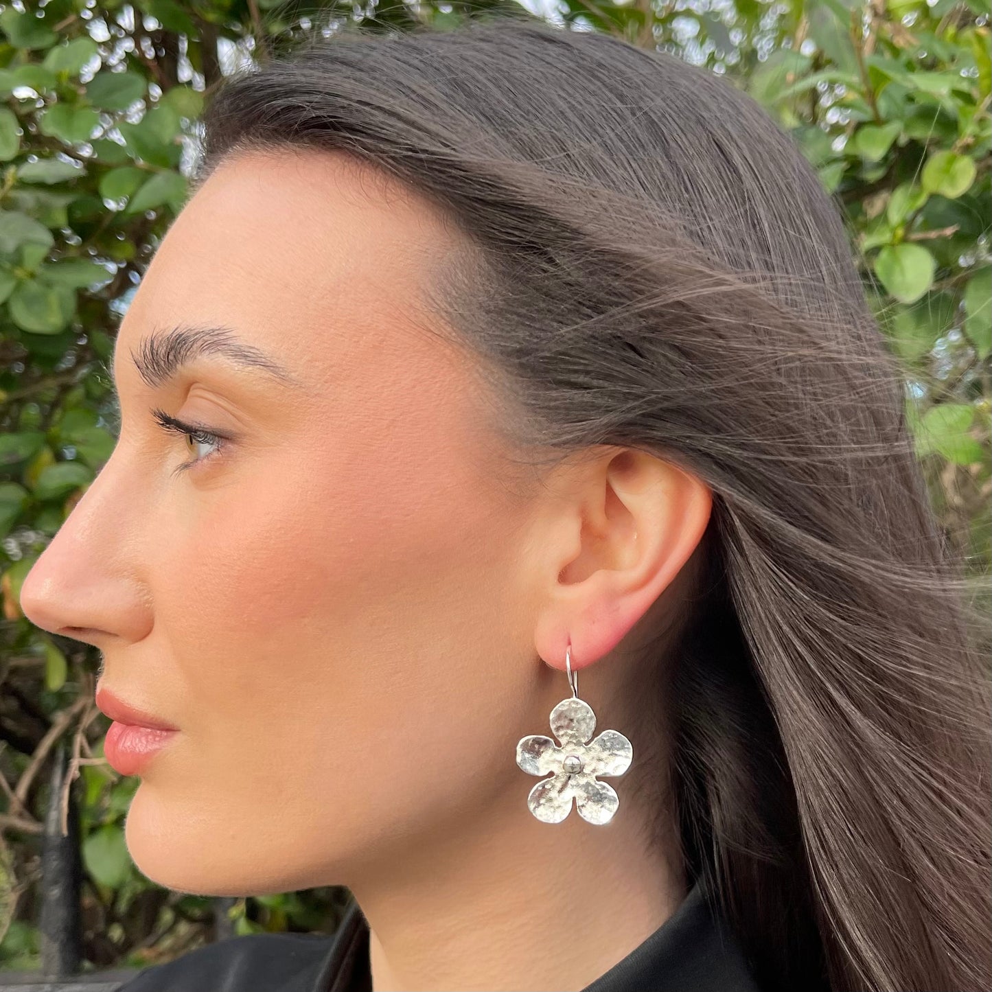Silver Large Hammered Daisy Earrings