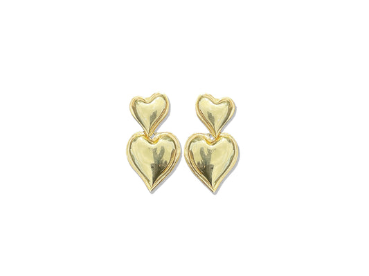 Gold 'Puffy' Double Heart Drop Earrings