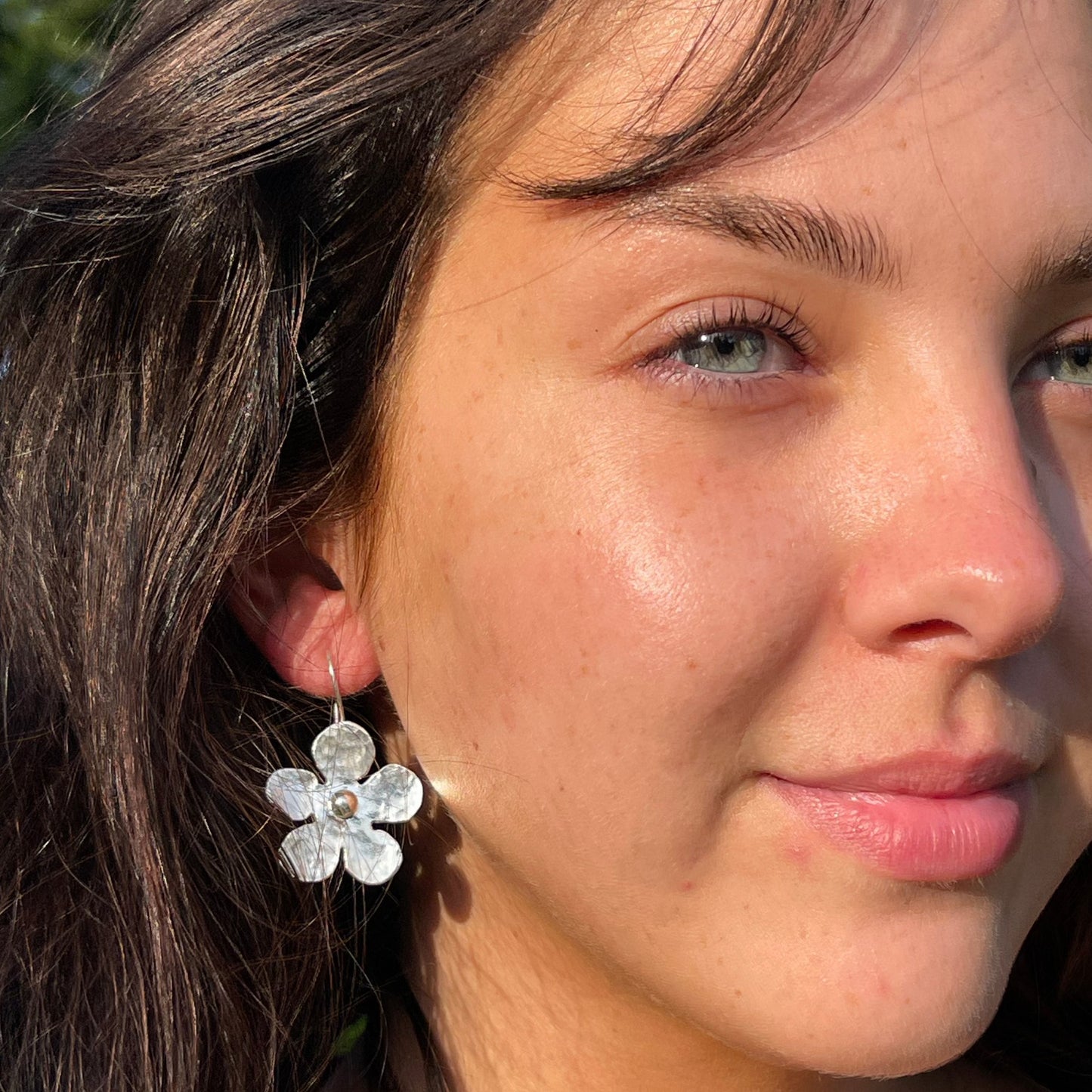 Silver Large Hammered Daisy Earrings