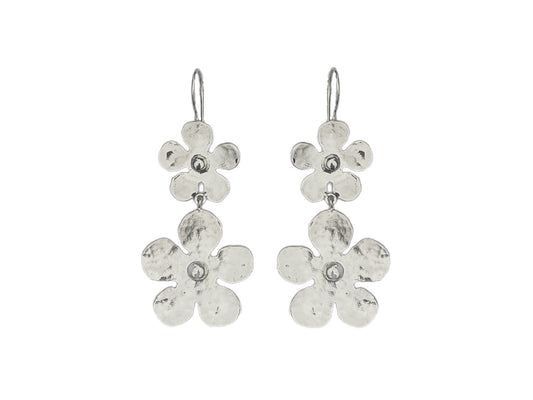 Silver Double Flower Drop Earrings